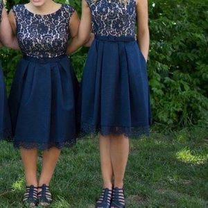 Navy blue and tan lacy bridesmaid / fancy dress
